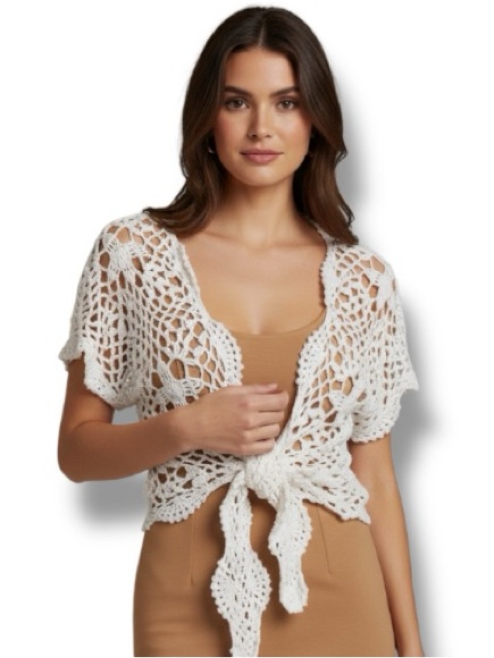 Rico Crochet Tie-Front Short Sleeve Shrug - White. Women’s Size Large